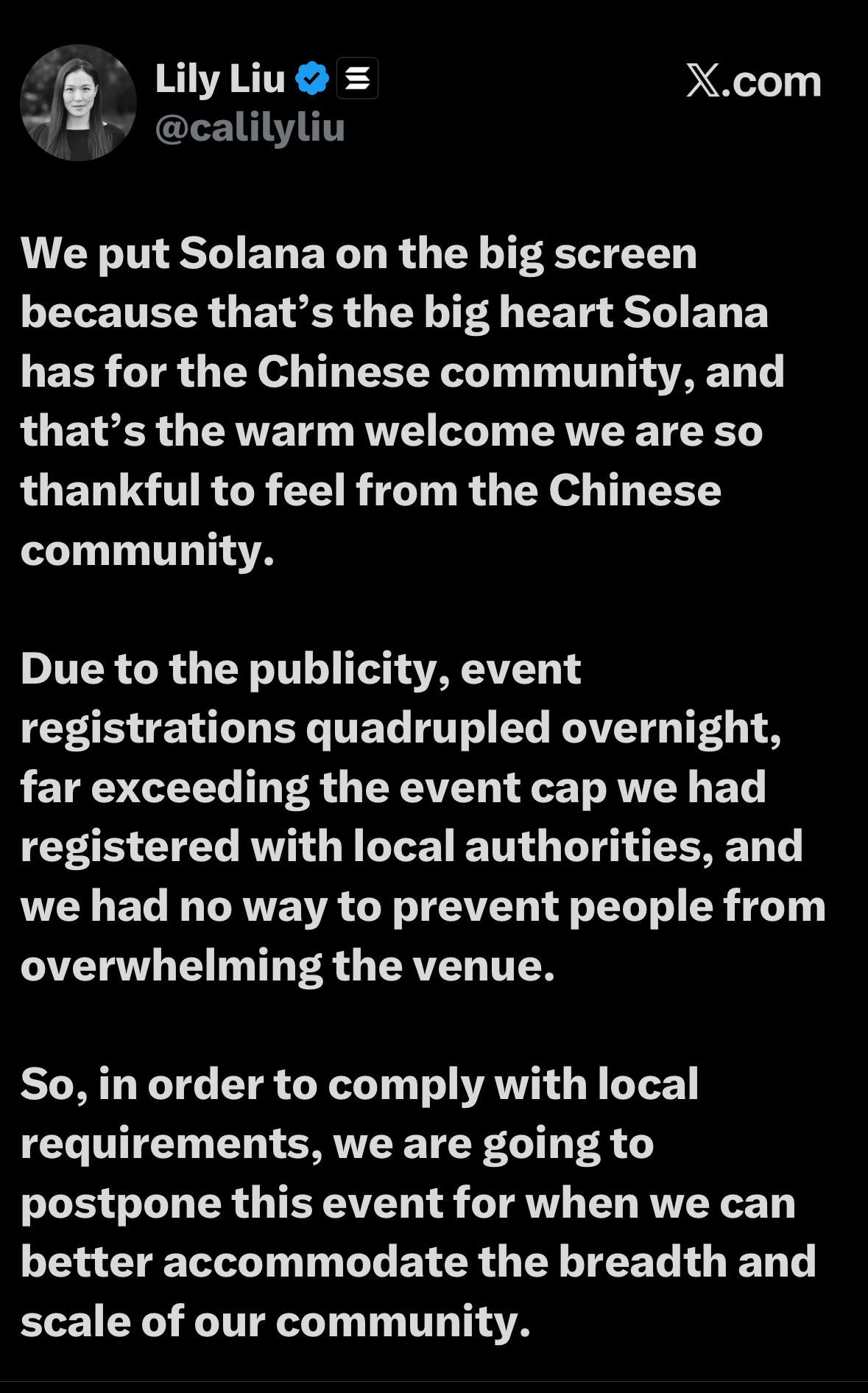Screenshot of Lily Liu’s statement on X explaining the postponement of the Shanghai event